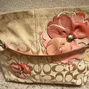 Coach Signature Print Shoulder Bag w Pink Flowers